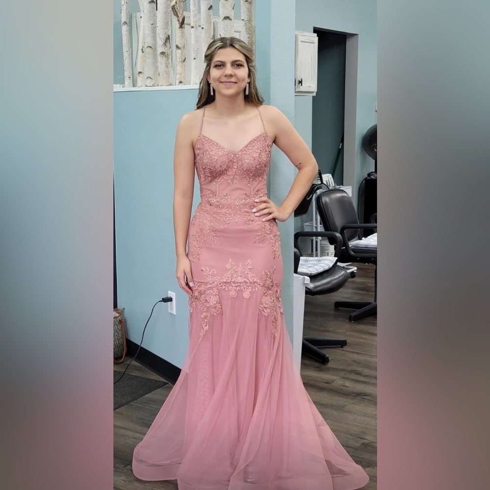 Beautiful blush colored mermaid trumpet lace up formal dress.